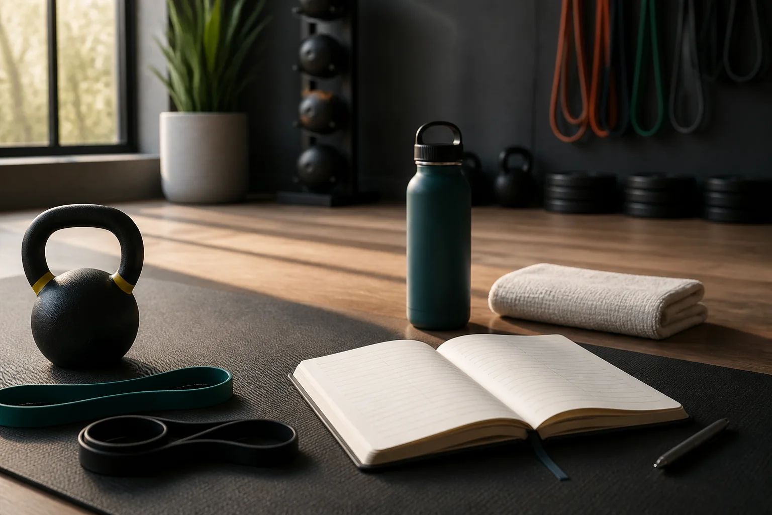 Kettlebell, resistance bands, water bottle, towel, and open training journal in a quiet studio